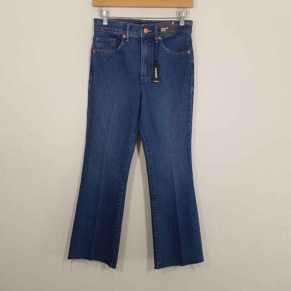 NWT Express High Rise Cropped Flare Raw Hem Jeans Blue Size 0